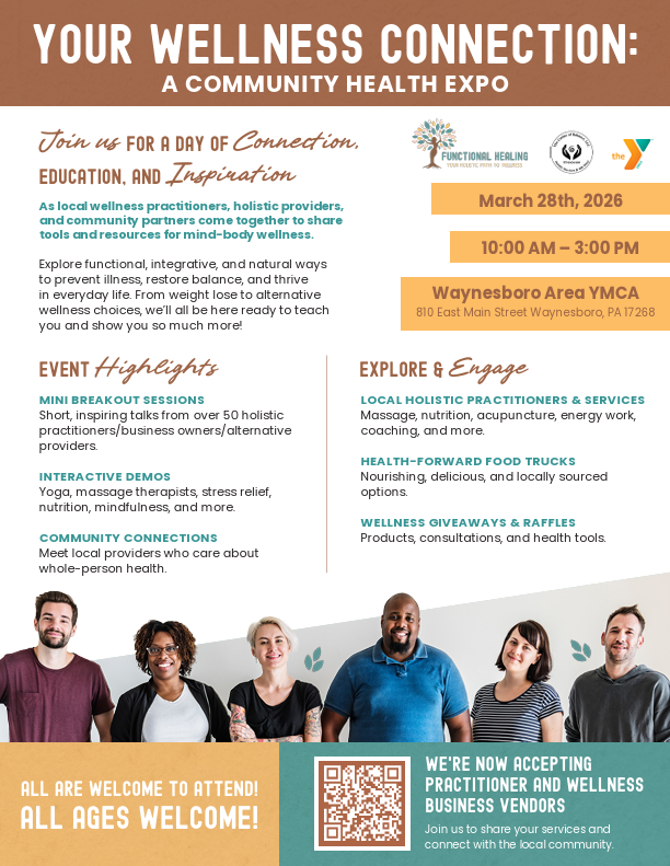 Flyer describing the functional healing event Your Wellness Connection: A Community Health Expo happening March 28th at The waynesboro area YMCA
